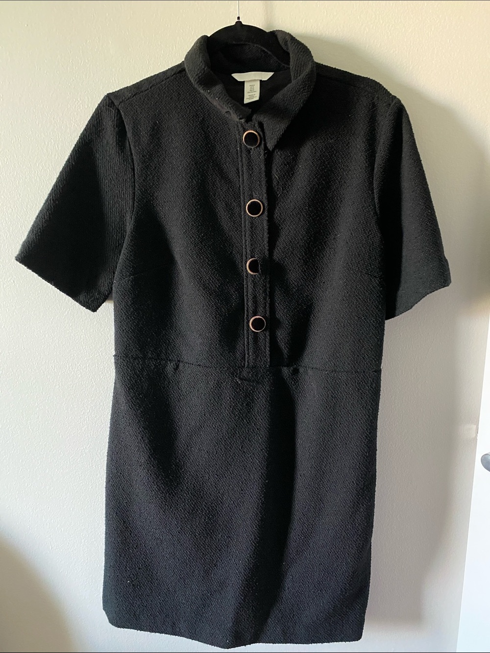 Black Textured Short Sleeve Shift Dress with Gold Ring Buttons
